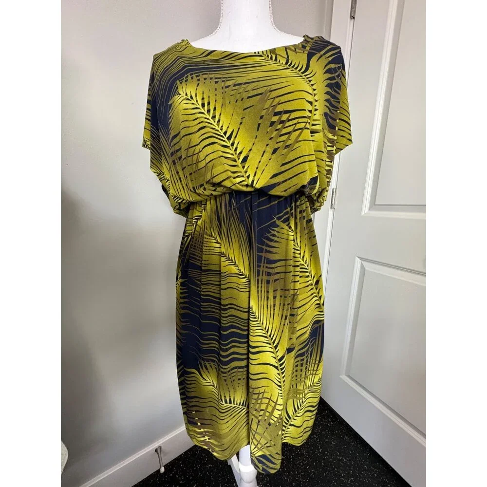 Valerie Bertinelli Womens Leaf Print Dress NWT Size 4 Green & Black Stretchy Wai - Picture 4 of 15